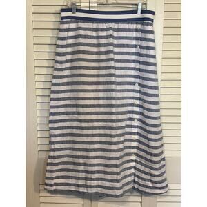 J. Jill Women's Large Love Linen Maxi Skirt Blue Striped Side Button Pockets